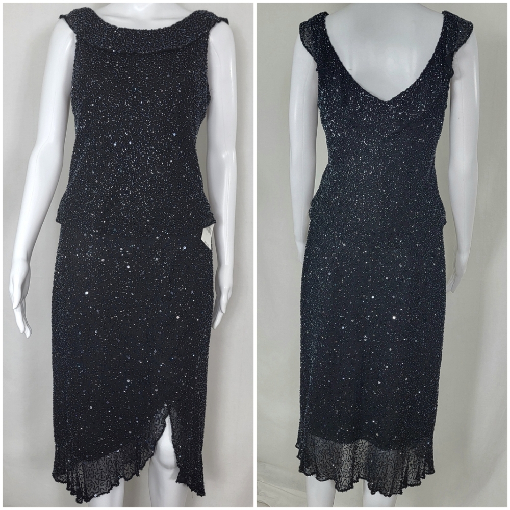 Scala Beaded Silk 2 Pc Dress Womens Size M Black Top & Skirt Sequins Evening NWT
